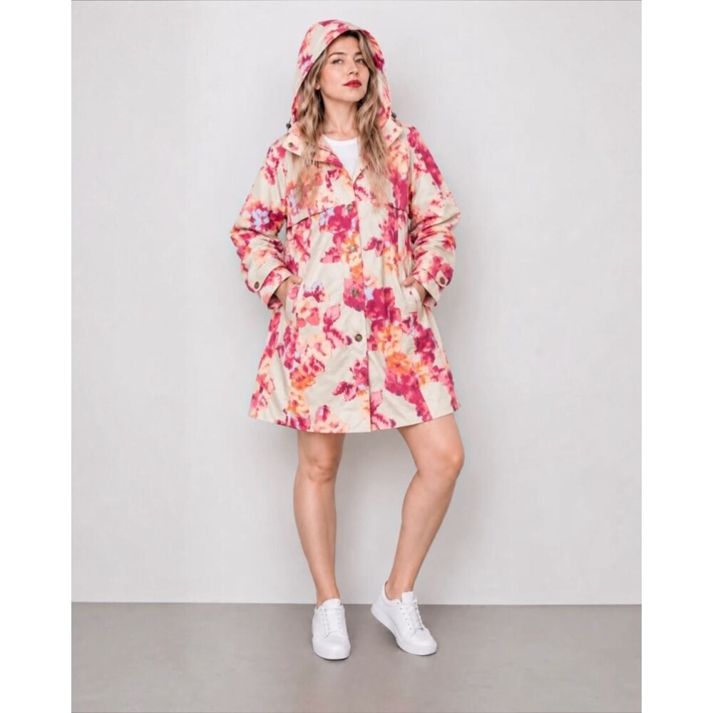 Chicos Trench Coat Womens 1 MEDIUM Floral Pockets Detachable Hoodie Button Front - Picture 3 of 13